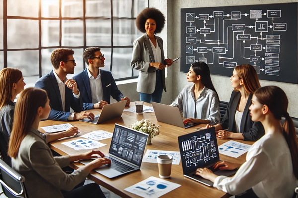Eight people in a conference room with workflow diagrams on a large monitor.