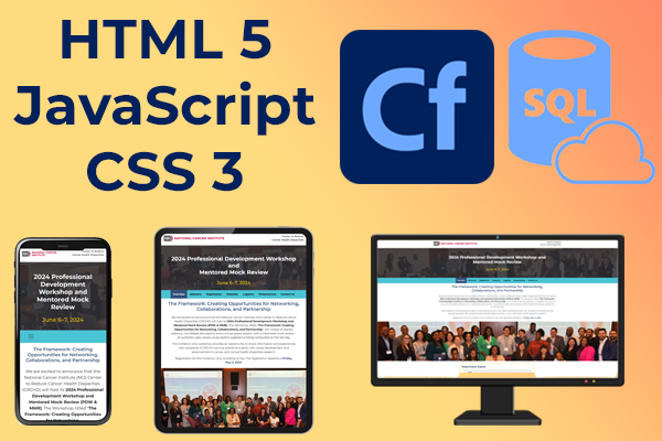 HTML 5, JavaScript, CSS 3. ColdFusion and SQL icons. Website on phone, tablet, and desktop monitor.